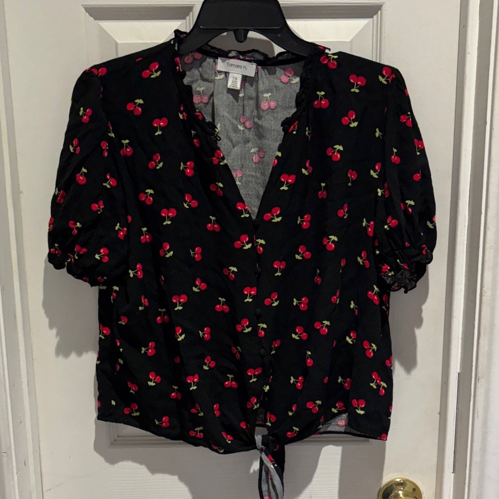 Charming Black Blouse with Cherry Print